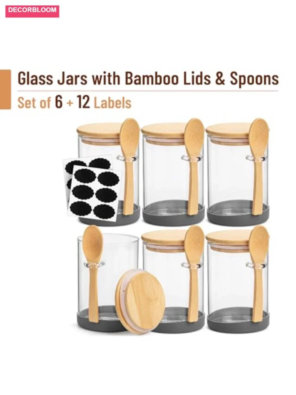Glass Jars with Bamboo Lids and Spoons Set of 6, 19 Oz Airtight Storage for Tea